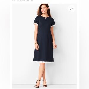 NWOT Talbots Refined Ponte A-Line Navy Sheath Midi Dress Lace Trim Sz 14P